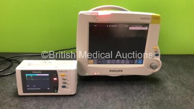 Philips IntelliVue MP30 Patient Monitor with 1 x Philips IntelliVue X2 Handheld Patient Monitor Rev F.01.47 with Press,Temp,NBP,SpO2 and ECG Options * Mfd 2009 * and 1 x Flat Battery (Both Power Up-1 x Tested with Stock Battery-Flat Battery Included)