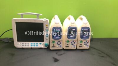 Job Lot Including 3 x Fukuda Denshi PetiTelemo Vital Signs Monitors (All Power Up) and 1 x Datex-Ohmeda F-FM-01 Patient Monitor (Draws Power, Does Not Power Up, Damaged Casing - See Photo)