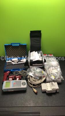 Large Mixed Lot Including 2 x Arjo Electric Patient Hoist Batteries,Assorted Patient Monitor Leads,Rigel Medical 288 Tester,Philips Module Housing,2 x Biotronik Reocor D Units in Carry Cases,3 x Vidacare EZ-I/EZ-10 Power Drivers and B.Braun Syringe Gauge