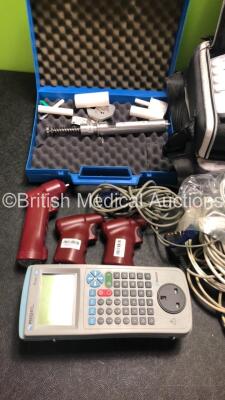 Large Mixed Lot Including 2 x Arjo Electric Patient Hoist Batteries,Assorted Patient Monitor Leads,Rigel Medical 288 Tester,Philips Module Housing,2 x Biotronik Reocor D Units in Carry Cases,3 x Vidacare EZ-I/EZ-10 Power Drivers and B.Braun Syringe Gauge - 2