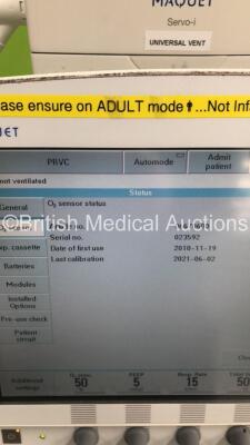 Maquet Servo-i Ventilator Model No 6487800 System Version V8.0 / System Software Version V8.00.01 / Running Hours 56014 with 1 x Capnostat ETCO2 Sensor on Stand (Powers Up) * SN 44834 * - 5