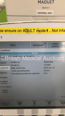 Maquet Servo-i Ventilator Model No 6487800 System Version V8.0 / System Software Version V8.00.01 / Running Hours 56014 with 1 x Capnostat ETCO2 Sensor on Stand (Powers Up) * SN 44834 * - 6