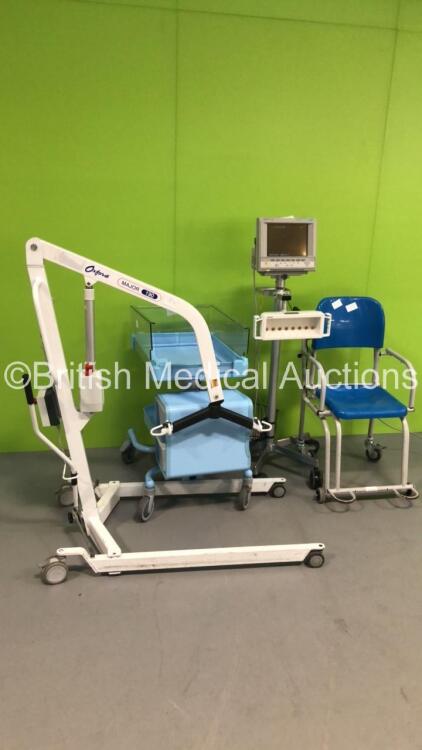 Mixed Lot Including 1 x Marsden Seated Weighing Scales,1 x Kanmed Baby Bed,1 x Oxford Major 190 Electric Patient Hoist and 1 x Agilent V26C Neonatal Patient Monitor on Stand with Philips Module Rack and Leads