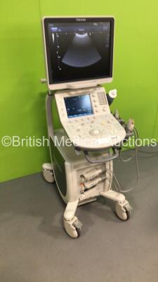 Toshiba Xario 200 Flat Screen Ultrasound Scanner Model TUS-X200 *S/N 99B1483473* **Mfd 08/2014** Software Version 2.0 with 2 x Transducers / Probes (PLU-1005BT *Mfd 06/2014* and PVU-375BT *Mfd 07/2014*) (Powers Up - Missing Dial Caps - See Pictures) ***I - 7