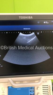 Toshiba Xario 200 Flat Screen Ultrasound Scanner Model TUS-X200 *S/N 99B1483473* **Mfd 08/2014** Software Version 2.0 with 2 x Transducers / Probes (PLU-1005BT *Mfd 06/2014* and PVU-375BT *Mfd 07/2014*) (Powers Up - Missing Dial Caps - See Pictures) ***I - 10