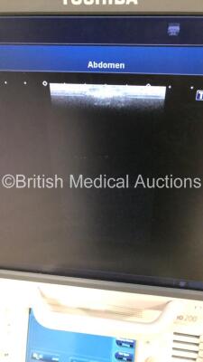 Toshiba Xario 200 Flat Screen Ultrasound Scanner Model TUS-X200 *S/N 99B1483473* **Mfd 08/2014** Software Version 2.0 with 2 x Transducers / Probes (PLU-1005BT *Mfd 06/2014* and PVU-375BT *Mfd 07/2014*) (Powers Up - Missing Dial Caps - See Pictures) ***I - 13