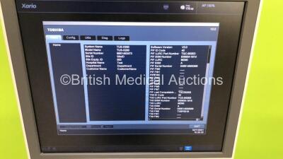 Toshiba Xario 200 Flat Screen Ultrasound Scanner Model TUS-X200 *S/N 99B1483473* **Mfd 08/2014** Software Version 2.0 with 2 x Transducers / Probes (PLU-1005BT *Mfd 06/2014* and PVU-375BT *Mfd 07/2014*) (Powers Up - Missing Dial Caps - See Pictures) ***I - 14