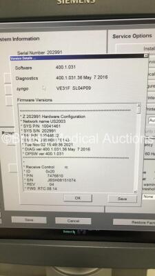 Siemens Acuson S2000 Flat Screen Ultrasound Scanner Model 10041461 *S/N 202991* **Mfd 12/2010** Software Version 400.1.031 with 6 x Transducers / Probes (14L5, 9L4, 4C1 *Mfd 2010* , EC9-4 *Mfd 2010*, 6C2 and 4C1 *Mfd 2010) (Powers Up) ***IR239*** - 27