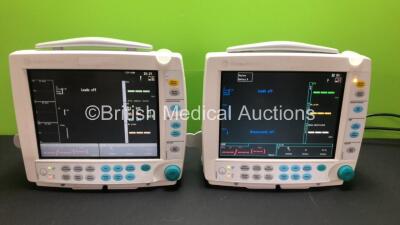 2 x Datex-Ohmeda S5 FM F-FMW-00 Patient Monitors with 2 x GE Type E-PSM-00 Modules Including ECG, SpO2, T1-T2 and NIBP Options (Both Power Up)