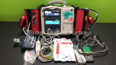 Philips Heartstart MRx Defibrillator Including ECG, CO2, NIBP, SpO2 and Printer Options *Mfd 2010* with Side Bags Containing 3 x M3538A Batteries, 1 x ECG Lead, 1 x SpO2 Lead, 1 x BP Lead with Cuff, 1 x Paddle Lead with Test Load, 1 x Laerdal Q-CPR Meter 