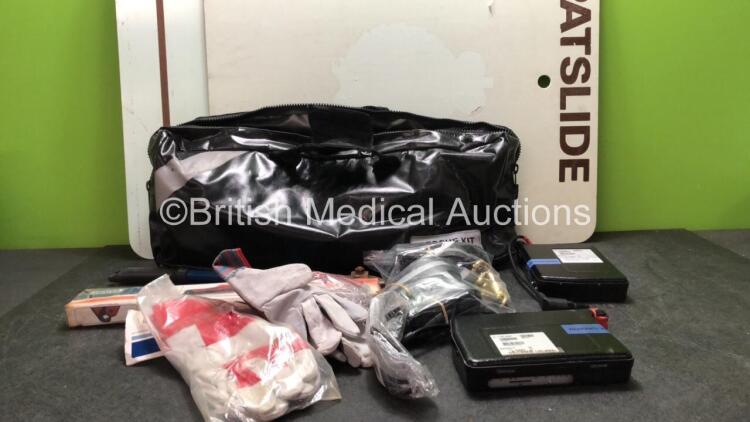 Mixed Lot Including 2 x Patslide Boards, 1 x Rescue Kit Carry Bag, 1 x Crowbar, 1 x Warning Triangle, 4 x Straps, 2 x Safety Gloves and 2 x Secamb Model MTCDP-H5 Gateway Units *SN 16624473, 20495032*