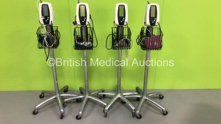 4 x Welch Allyn 420 Series Vital Signs Monitors on Stands with 3 x SPO2 Finger Sensors and 4 x BP Hoses and Cuffs (All Power Up)