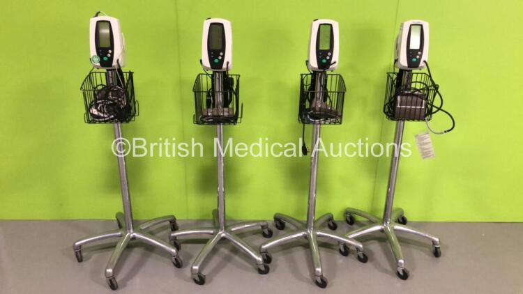 4 x Welch Allyn 420 Series Vital Signs Monitors on Stands with 4 x BP Hoses and Cuffs (All Power Up)