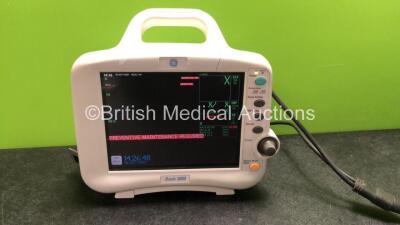 GE Dash 3000 Patient Monitor Including ECG CO2, NBP, BP1, BP2, SpO2 and Temp Options with 1 x SM 201-6 Battery (Powers Up with Maintenance Required Message and Cracked Casing-See Photos) *GL*