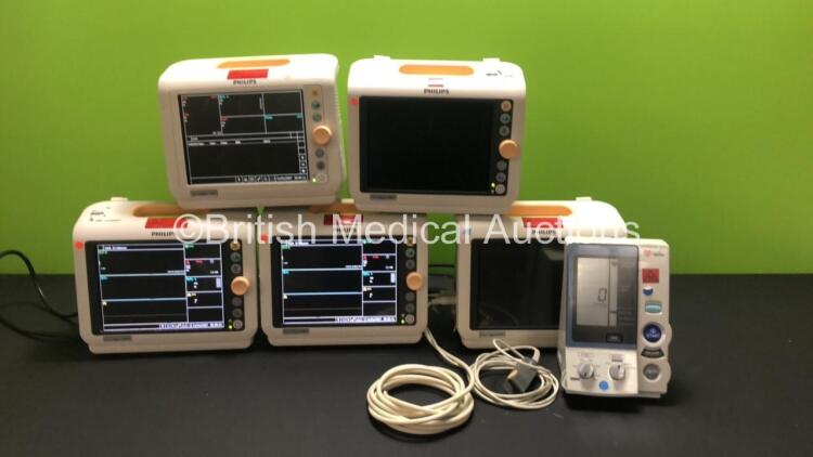 Job Lot Including 4 x Philips SureSigns VM4 Patient Monitors with ECG, SPO2 and NIBP Options (2 x Power Up, 2 x Draw Power, Do Not Turn On) with 1 x SPO2 Finger Sensor and 1 x NIBP Hose, 1 x Philips SureSigns VM4 Patient Monitor with SPO2 and NIBP Options