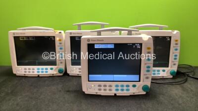 4 x GE Datex Ohmeda Type F-FMW-OO Monitors with 8 x GE Medical Model SM 201-6 Batteries (All Power Up with Cracked Casing, 3 with Damaged Lights-See Photos)