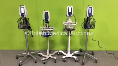 3 x Welch Allyn SPOT Vital Signs Monitors on Stands with SPO2 Finger Sensors, BP Hoses and Cuffs (All Power Up) and 1 x Welch Allyn 420 Series Vital Signs Monitor on Stand with SPO2 Finger Sensors and BP Hose and Cuff (Powers Up)