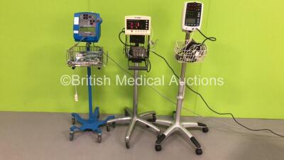 1 x GE Dinamap Pro 300V2 Vital Signs Monitor on Stand with SPO2 Finger Sensor and BP Hose (Powers Up), 1 x Welch Allyn 62000 Series Vital Signs Monitor on Stand with BP Hose and SPO2 Finger Sensor (Powers Up) and 1 x Mindray VS-800 Vital Signs Monitor on 