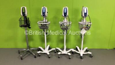 3 x Welch Allyn SPOT Vital Signs Monitors on Stands with 2 x SPO2 Finger Sensors and 4 x BP Hoses and Cuffs and 1 x Welch Allyn 420 Series VItal Signs Monitor on Stand with BP Hose and Cuff (All Power Up)