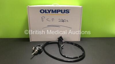 Olympus PCF-240S Video Sigmoidoscope in Case - Engineer's Report : Optical System - No Fault Found, Angulation - L/R Brake Faulty, Insertion Tube - No Fault Found, Light Transmission - No Fault Found, Channels - No Fault Found, Leak Check - No Fault Found