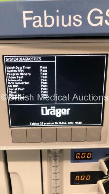 Drager Fabius GS Premium Anaesthesia Machine Software Version 3.34a Total Hours Run 4715 Total Ventilator Hours 858 with Bellows, Absorber and Hoses (Powers Up) *S/N ASFK-0142* **Mfd 2014* - 2