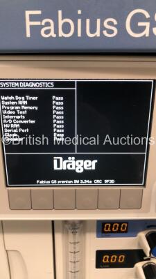 Drager Fabius GS Premium Anaesthesia Machine Software Version 3.34a Total Hours Run 5980 Total Ventilator Hours 683 with Bellows, Absorber and Hoses (Powers Up) *S/N ASFK-0139* **Mfd 2014** - 2