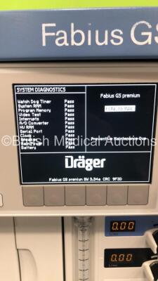Drager Fabius GS Premium Anaesthesia Machine Software Version 3.34a Total Hours Run 10030 Total Ventilator Hours 1378 with Bellows, Absorber and Hoses (Powers Up) *S/N ASFK-0178* **Mfd 2014** - 2