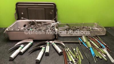 Job Lot of Various Surgical Instruments, Including Laryngoscope Blades and Handle, Tweezers, Graspers and Scrapers with 2 x Metal Trays