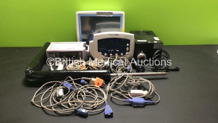 Mixed Lot Including 1 x Welch Allyn 53NT0 Vital Signs Monitor (Missing Casing / Battery - See Photo), 1 x Nellcor N-560 Pulse Oximeter, 1 x Lidco Rapid Hemodynamic Monitor, 1 x Unlimited Light UFO 75 PC Light Source, 1 x EMS 1.1 and 3.3MHz Transducer, 1 x