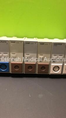 2 x HP ECG /RESP Modules, 3 x HP Temp Modules, 3 x HP SPO2/Pleth Modules and 2 x HP P.B Modules - 4