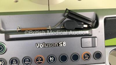 GE Voluson S8 Flat Screen Ultrasound Scanner *S/N 271419SU4* **Mfd 10/2014** Software Version 14.0.0.233 and Sony UP-D897 Digital Graphic Printer (Powers Up - Transducer Port Damaged - Missing Feet Covers - See Pictures) ***IR255*** - 4