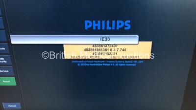 Philips iE33 Flatscreen Ultrasound Scanner Software Version 6.3.7.745 with 4 x Transducers/Probes (1 x S5-1,1 x X5-1 and 2 x Pencil Probes) and 1 x 3-Lead ECG Lead (Powers Up-Cracks to Keyboard-See Photos) * SN B043N0 * * Mfd Aug 2011 * *IR254* - 13