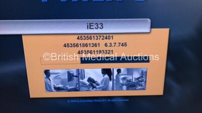 Philips iE33 Flatscreen Ultrasound Scanner Software Version 6.3.7.745 with 4 x Transducers/Probes (1 x S5-1,1 x X5-1 and 2 x Pencil Probes) and 1 x 3-Lead ECG Lead (Powers Up-Cracks to Keyboard-See Photos) * SN B043N0 * * Mfd Aug 2011 * *IR254* - 16