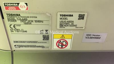 Toshiba Aplio 400 Flat Screen Ultrasound Scanner *Mfd - 07/2010* Software Version - AB_V3.00*R002 with 3 x Transducers / Probes (1 x PVT-661VT Endocavity Transducer *Mfd - 04/2013*, 1 x PLT-704SBT Linear Array Transducer *Mfd - 07/2010* and 1 x PVT-375BT - 16