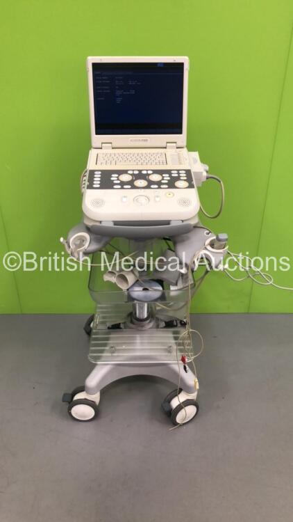 Siemens Acuson P300 Flatscreen Ultrasound Scanner Model No 10852646 Rev 01 *S/N 000722* **Mfd 07/2013** System Software Res 1.01 STD 13.21 with 1 x Transducer / Probe (Esaote PA230E Ref 9600165000) and 3 Lead ECG Leads (Powers Up - Crack In Keyboard) ***I