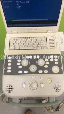 Siemens Acuson P300 Flatscreen Ultrasound Scanner Model No 10852646 Rev 01 *S/N 000722* **Mfd 07/2013** System Software Res 1.01 STD 13.21 with 1 x Transducer / Probe (Esaote PA230E Ref 9600165000) and 3 Lead ECG Leads (Powers Up - Crack In Keyboard) ***I - 4