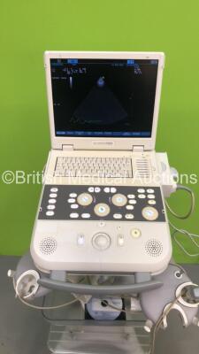 Siemens Acuson P300 Flatscreen Ultrasound Scanner Model No 10852646 Rev 01 *S/N 000722* **Mfd 07/2013** System Software Res 1.01 STD 13.21 with 1 x Transducer / Probe (Esaote PA230E Ref 9600165000) and 3 Lead ECG Leads (Powers Up - Crack In Keyboard) ***I - 9