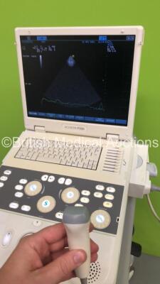 Siemens Acuson P300 Flatscreen Ultrasound Scanner Model No 10852646 Rev 01 *S/N 000722* **Mfd 07/2013** System Software Res 1.01 STD 13.21 with 1 x Transducer / Probe (Esaote PA230E Ref 9600165000) and 3 Lead ECG Leads (Powers Up - Crack In Keyboard) ***I - 10
