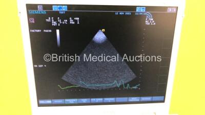 Siemens Acuson P300 Flatscreen Ultrasound Scanner Model No 10852646 Rev 01 *S/N 000722* **Mfd 07/2013** System Software Res 1.01 STD 13.21 with 1 x Transducer / Probe (Esaote PA230E Ref 9600165000) and 3 Lead ECG Leads (Powers Up - Crack In Keyboard) ***I - 11
