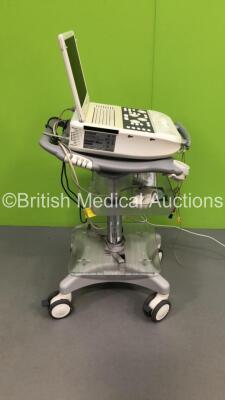 Siemens Acuson P300 Flatscreen Ultrasound Scanner Model No 10852646 Rev 01 *S/N 000722* **Mfd 07/2013** System Software Res 1.01 STD 13.21 with 1 x Transducer / Probe (Esaote PA230E Ref 9600165000) and 3 Lead ECG Leads (Powers Up - Crack In Keyboard) ***I - 13