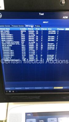 GE Vivid E9 Flat Screen Ultrasound Scanner *S/N VE94278* **Mfd 11/2012** Application Software Version 113 System Software Version 104.3.6 with Sony UP-D897 Digital Graphic Printer (Powers Up - Missing Dials / Damage to Machine / Loose Keyboard - See Pictu - 5