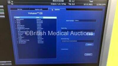 GE Voluson E8 Expert Flat Screen Ultrasound Scanner *S/N D19441* **Mfd 03/2013** Software Version - EC200 with 1 x Transducer / Probe (RIC5-9-D Ref H48651MS *Mfd 09/2014*) and Sony UP-D897 Digital Graphic Printer (Powers Up - Missing Buttons - See Picture - 12