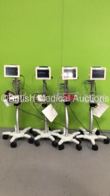 4 x Welch Allyn ProPaq CS Patient Monitors on Stands with ECG/EKG Resp / NIBP PSNI / SPO2 / T1 and T2 Options (All Power Up)