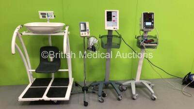 1 x Mindray Accutorr Plus Vital Signs Monitor on Stand (Powers Up), 1 x Mindray Accutorr V Vital Signs Monitor on Stand with BP Hose and Cuff (Powers Up) 1 x Omron HM+EM-907 Digital Blood Pressure Monitor and Marsden Weighing Sit Down / Baby Weighing Scal