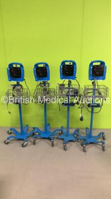 4 x GE Dinamap ProCare Vital Signs Monitors on Stands with SPO2 Leads (All Power Up - 1 x Lead Damaged - See Pictures)