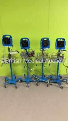 4 x GE Dinamap ProCare Vital Signs Monitors on Stands with 4 x SPO2 Leads (All Power Up)