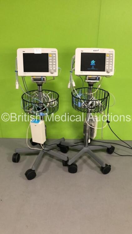 2 x Drager Infinity Delta Patient Monitors with HemoMed 1,Aux/Hemo 3,NBP AND MultiMed Options on Stands with Assorted Leads (1 x Powers Up,1 x No Power-2 x Damage To Plastic Grille/Trim-See Photos)