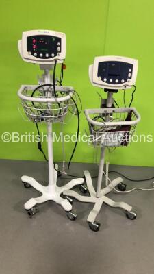 2 x Welch Allyn 53N00 Patient Monitors on Stands with 2 x BP Hoses,2 x SpO2 Finger Sensors and 1 x BP Cuff (1 x Powers Up,1 x Draws Power-Suspected Flat Battery)