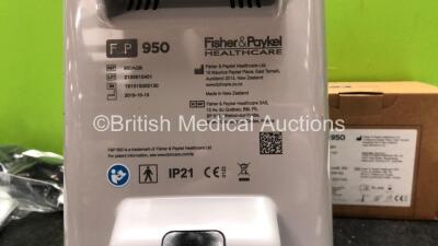 1 x Fisher & Paykel 950 Ref 950AGB Respiratory Humidifier Unit *Mfd 2019* with 1 x Oxylitre Ref AH010-MP Hose Assy,1 x Ref R219P50 2 In 1 Muffled Adapter, 1 x Ref 950S01 Sensor Cartridge, 1 x Ref 832-0002 NIST/DISS Pole Adapter and 1 x Ref AA502 Dovetail - 6