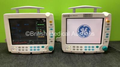 2 x Datex Ohmeda S/5 FM Type F-FMW-00 Patient Monitors with 2 x GE Type E-PSM-00 Modules Including ECG, NIBP, T1-T2, SpO2 Options (Both Power Up)